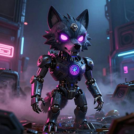 CGI image of a neon-lit, cybernetic wolf robot with glowing purple eyes, standing in a foggy, futuristic city street.