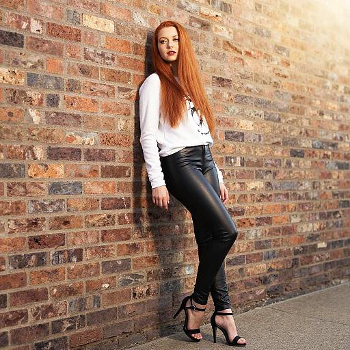 Confident Redhead Against Rustic Brick Wall