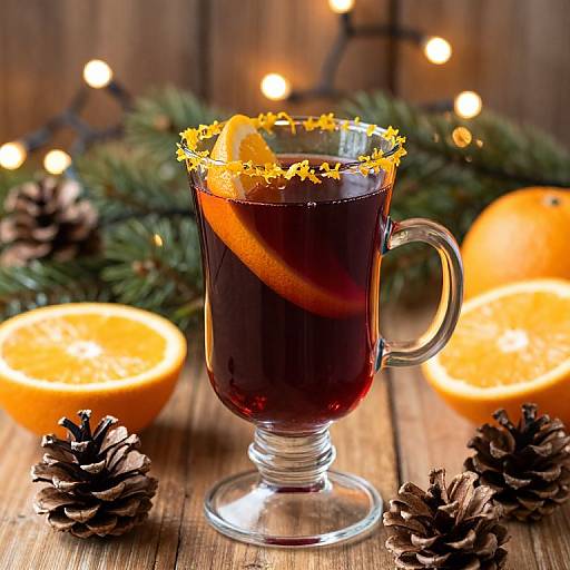 Photograph of a glass mug with dark red drink, orange slice, and star-shaped sugar rim, surrounded by pinecones, orange halves, and