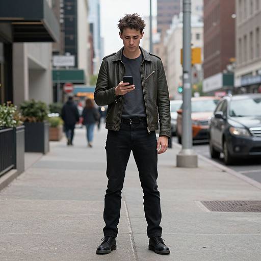Photograph of a young man with curly brown hair, wearing a black leather jacket, grey t-shirt, and black pants, standing on a city sidewalk