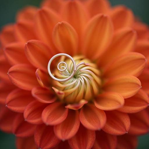 Close-up photograph of a vibrant orange dahlia with detailed petals, centered by a swirling silver wire, against a dark green blurred background.