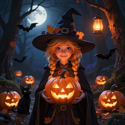 Whimsical Halloween Witch in Moonlit Forest