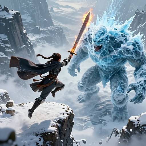 Digital art: Warrior with glowing sword battles blue, fiery-eyed monster on snowy mountain ledge; jagged rocks, intense battle scene.