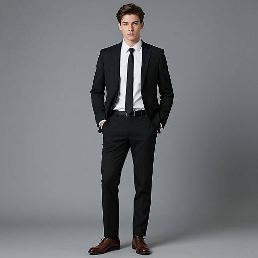 Photograph of a young Caucasian man with short brown hair, wearing a black suit, white shirt, black tie, and brown shoes, standing against a