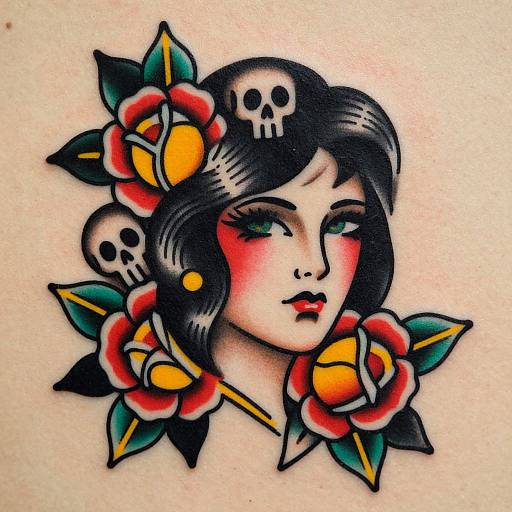 Tattoo-style drawing of a woman with black hair, red cheeks, and green eyes, surrounded by vibrant red and yellow roses, and black skull