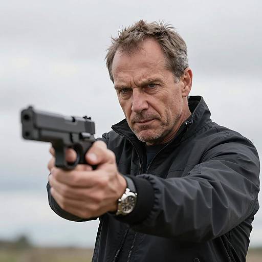 Focused Man Aiming Handgun in Overcast Sky