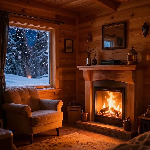Cozy wooden cabin room with roaring fireplace, orange armchair, and snow-covered window; warm, orange lighting contrasts with the cold, snowy night outside