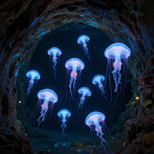 Photograph of glowing blue jellyfish with translucent, umbrella-shaped bodies and trailing tentacles, floating in a dark, cavernous underwater environment.