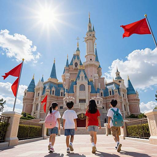 Photograph of four children walking towards a grand, blue-turreted castle with red flags, sunny sky, and bright blue clouds.
