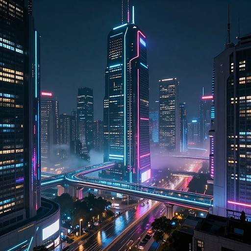 Neon-lit, futuristic cityscape photograph at night, showcasing towering skyscrapers with vibrant blue, pink, and purple neon lights, misty