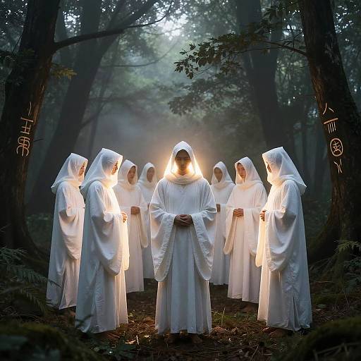 Mystical White Robe Cult in Forest