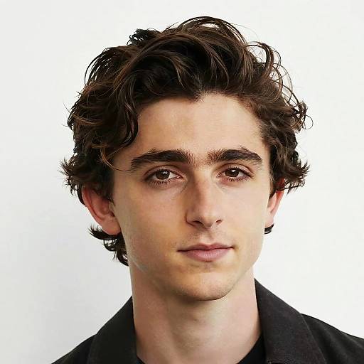 Photograph of a young man with curly dark brown hair, light skin, brown eyes, and a neutral expression, wearing a black shirt, against a