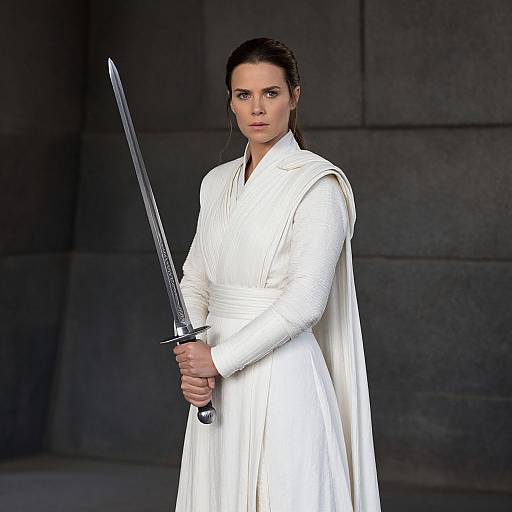 Photograph of a serious, dark-haired woman in a white Jedi robe holding a lightsaber, standing against a dark, stone-like background.
