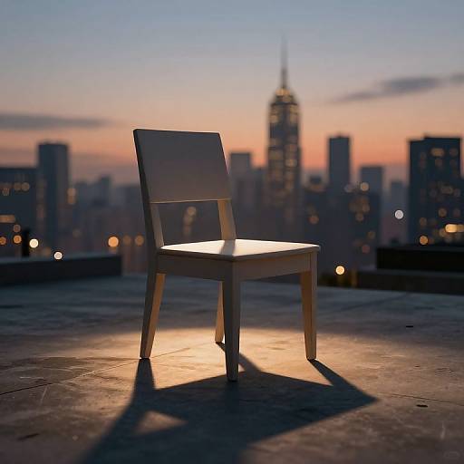 Photograph of a single wooden chair with a white cushion, silhouetted against a city skyline at sunset, casting a long shadow on a rooftop