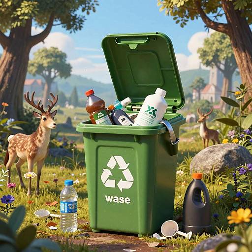Photograph of a green recycling bin filled with plastic bottles and bags, surrounded by deer in a vibrant, sunlit forest clearing. Blue sky and flowers
