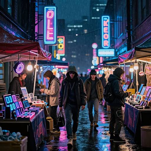 Neon-lit, rainy night market: people in winter clothes browse glowing neon signs and illuminated stalls on a wet, reflective street. Photograph.