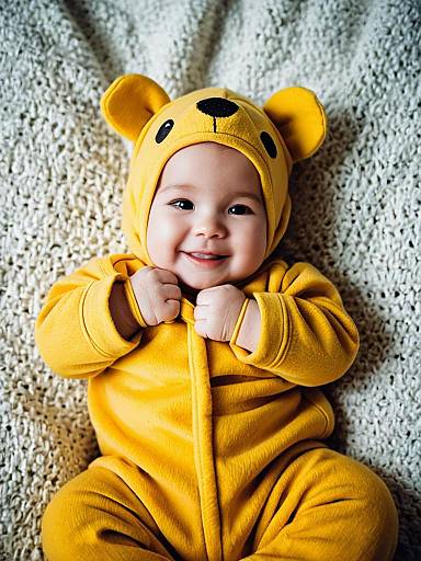 Smiling Baby in Yellow Pooh Costume