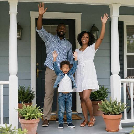 Family on Porch, Arms Raised