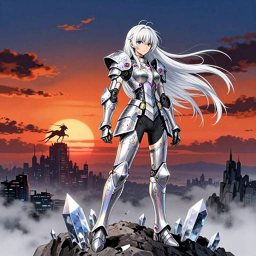 Anime-style digital artwork of a white-haired, armored female warrior with glowing blue eyes, standing on a rocky outcrop with crystals, against a vivid sunset