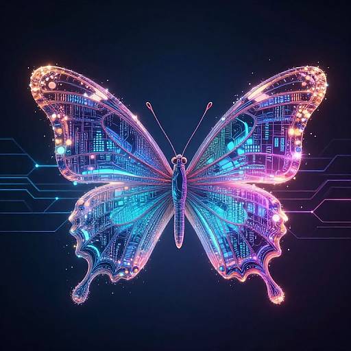 Digital neon butterfly with glowing circuit patterns in blue, pink, and orange on a dark blue background. Cybernetic, futuristic design.