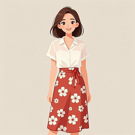 Digital illustration of a smiling woman with straight brown hair, wearing a white short-sleeve blouse and red floral skirt with a tied waist.