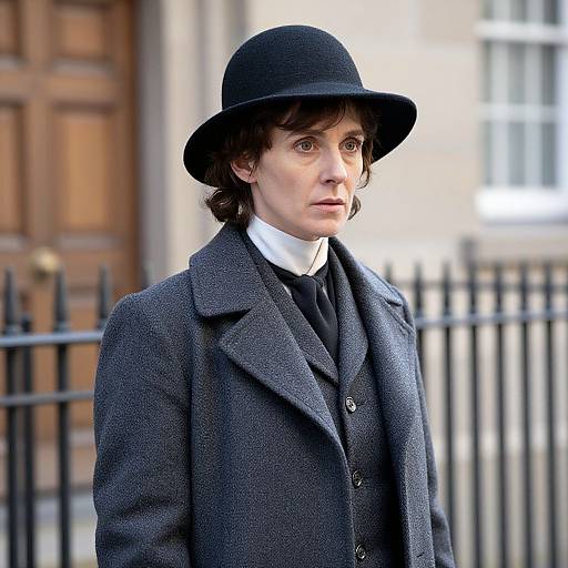 Photograph of a pale-skinned woman with dark brown hair in a black hat, gray overcoat, and white shirt, standing outdoors by a black