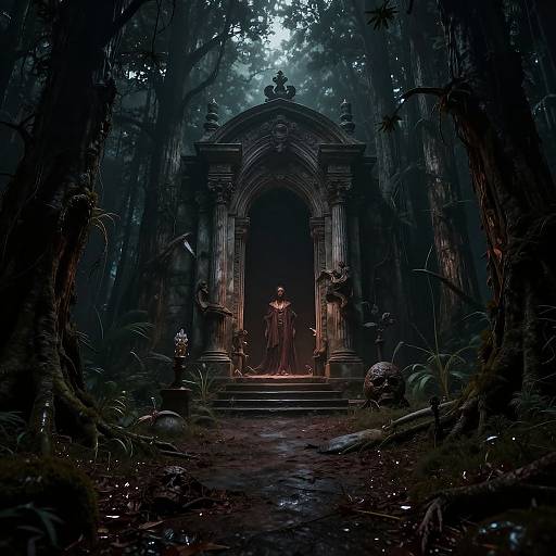 Digital fantasy art: Mysterious woman in red gown stands in front of ancient, moonlit stone archway in dark, dense forest.