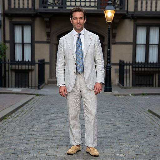 Photograph of a handsome man in a white pinstripe suit, blue patterned tie, and beige shoes, standing on a cobblestone street