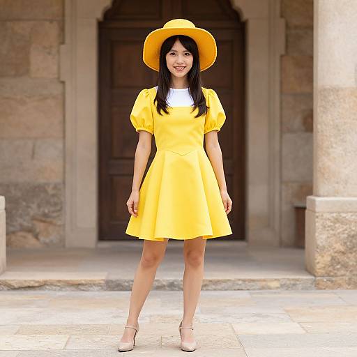 Photograph of an Asian woman with long black hair, wearing a bright yellow dress, wide-brimmed hat, and beige heels, standing in front
