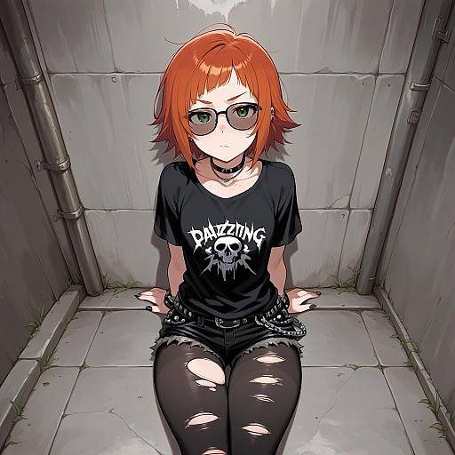 Digital anime-style drawing of a red-haired girl with glasses, wearing a black 