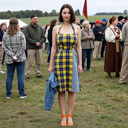 Photograph of a brunette woman in a yellow and blue plaid halter dress, holding denim, standing on grass at an outdoor event with people in