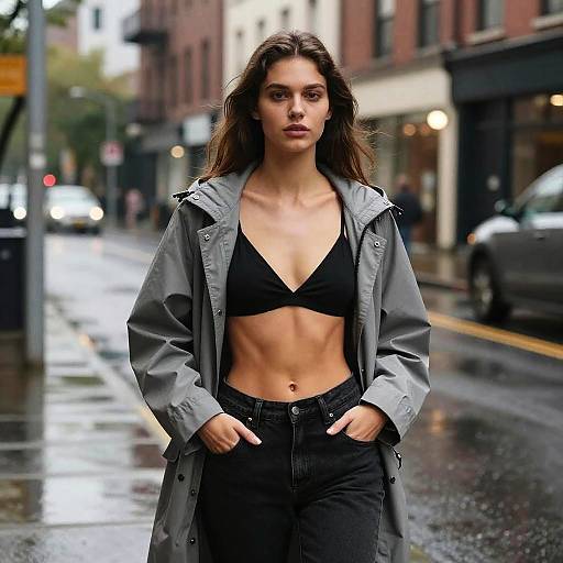 Photograph of a fit, young woman with long brown hair, wearing a black bra, gray jacket, and black pants, standing confidently on a wet