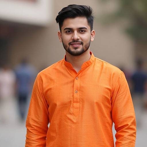 Photograph of a young South Asian man with dark hair and beard, wearing an orange long-sleeve kurta, smiling, standing outdoors with a