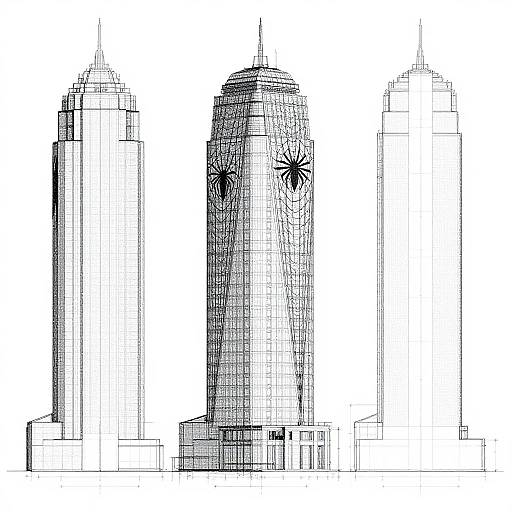 Black-and-white architectural blueprint of three tall, cylindrical skyscrapers with distinct textures and patterns, each with a flat roof and vertical lines.