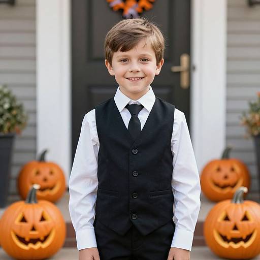 Photograph of a smiling young boy with brown hair, wearing a white shirt, black vest, and tie, standing in front of a Halloween-decor