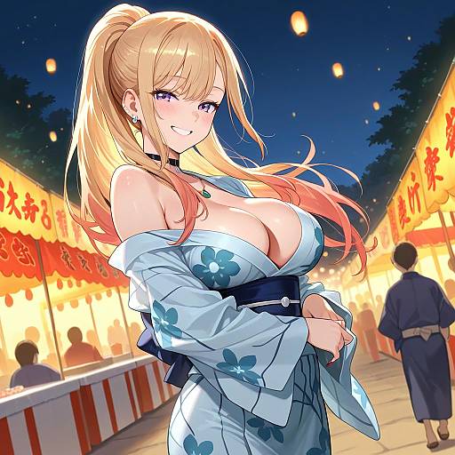 Digital anime-style illustration of a blonde woman with large breasts in a blue floral kimono, standing in a brightly lit night festival with lanterns and people