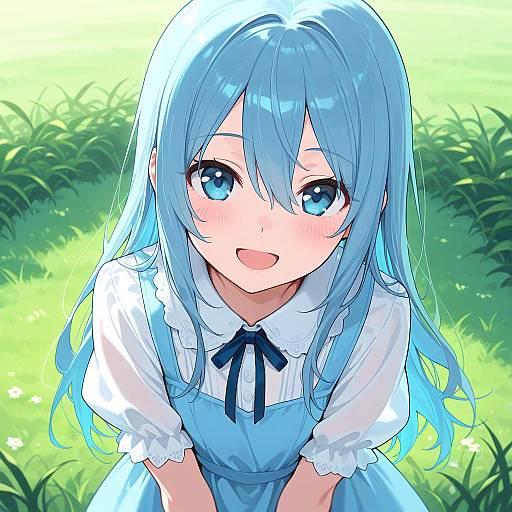 Charming Blue-Haired Girl in Nature