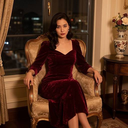 Elegant Woman in Red Velvet Dress