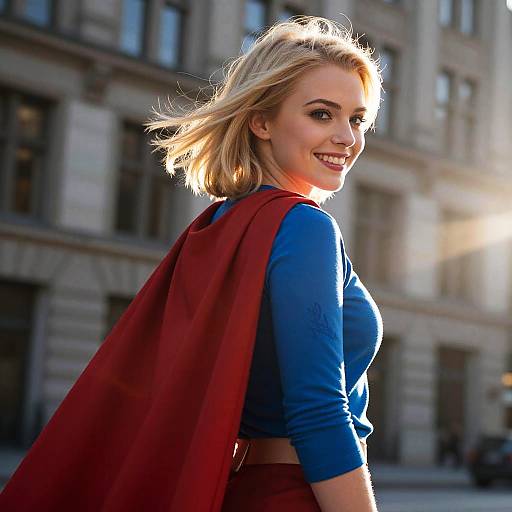 Photograph of a smiling blonde woman with a red cape over a blue top, standing in a sunlit urban street.