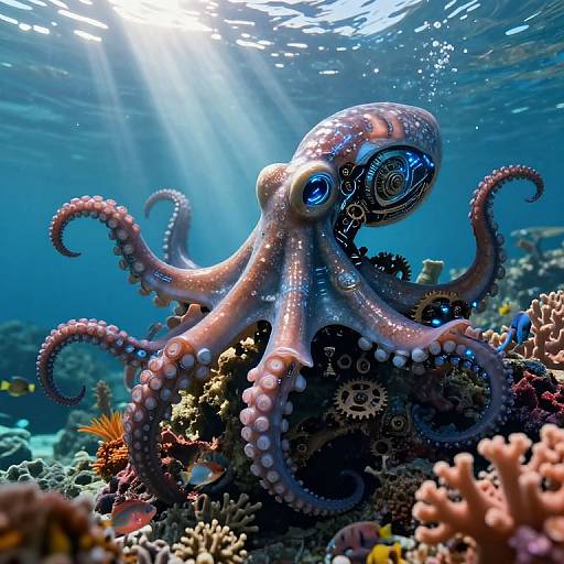 Robotic Octopus on Vibrant Coral Reef