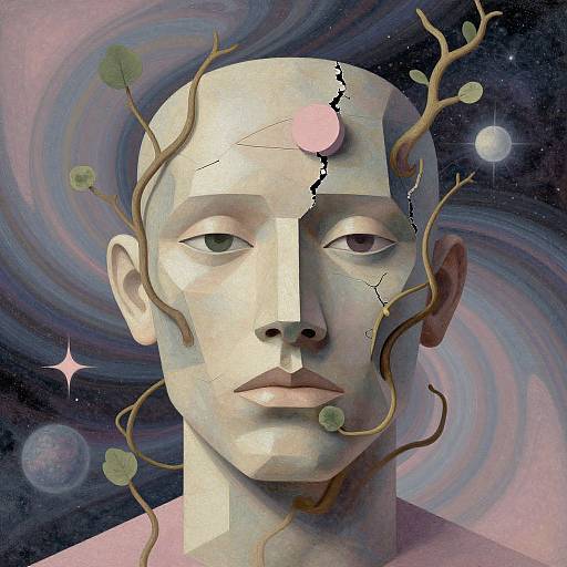 Digital surreal artwork of a bald, expressionless, cracked-faced person with vine-like branches and green leaves, pink and white celestial background.