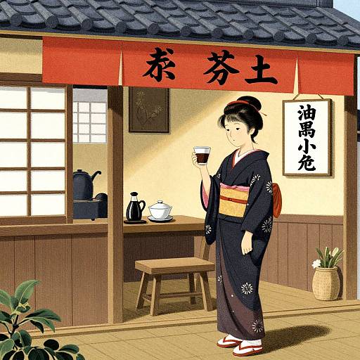 Digital anime-style drawing of a Japanese woman in a black kimono with floral patterns, holding a tea cup, standing in front of a traditional tea house