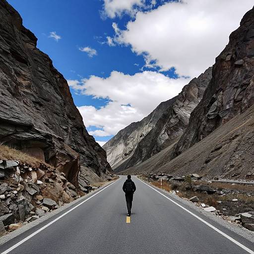Photograph of a solitary person in black clothing walking down a deserted, narrow mountain road flanked by rocky cliffs under a bright blue sky with white clouds