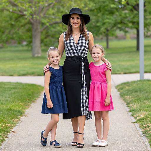 Photograph of a smiling woman in a black hat and checkered blouse, standing with two young girls in blue and pink dresses on a park path.