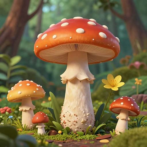 Photorealistic CGI of vibrant red-and-white-spotted mushrooms with white stems in a lush forest, surrounded by green foliage and a yellow flower.