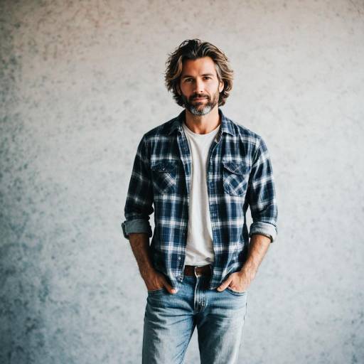 Rugged Man in Casual Plaid Shirt and Jeans