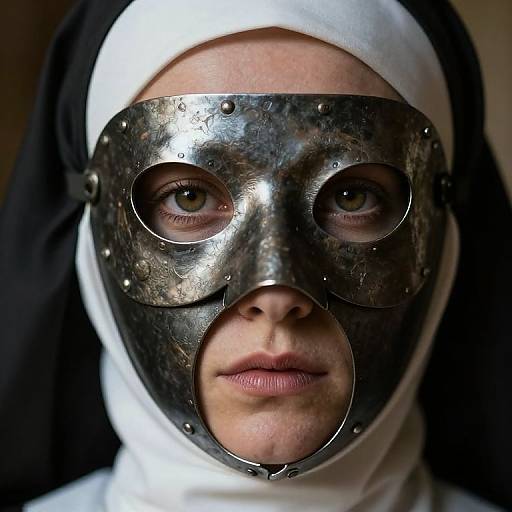 Hyperrealistic Nun with Sci-Fi Iron Mask