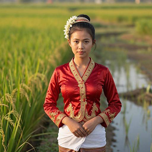 Photograph of a young Asian woman with dark hair in an updo, wearing a red embroidered blouse and white skirt, standing in a lush green rice