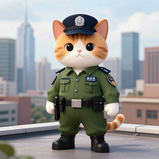 CGI image of an adorable, orange-and-white cat in a green police uniform with a black cap, standing on a rooftop with a cityscape background