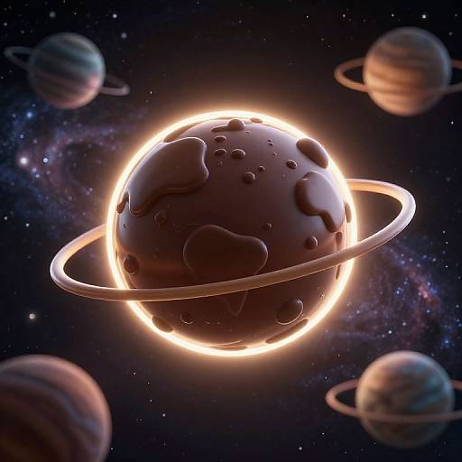 CGI image of a glowing, ringed, dark planet with cratered surface surrounded by six other planets in a starry space.